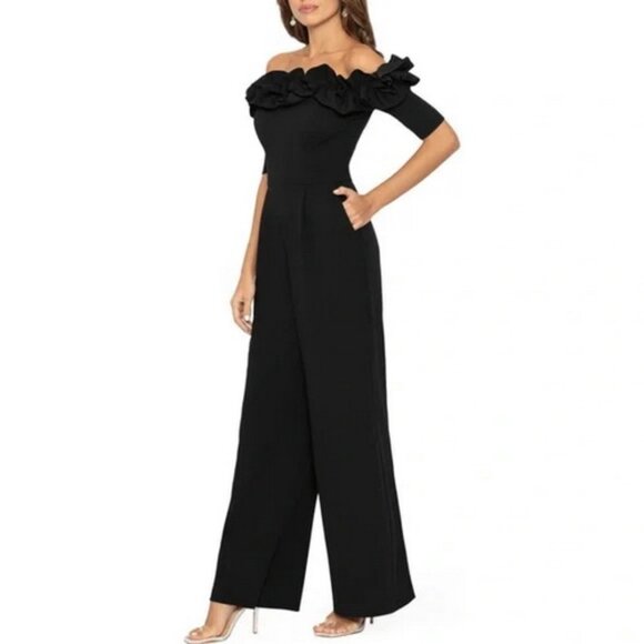 Xscape Black Ruched Ruffle Scuba Crepe Jumpsuit - Picture 2 of 3